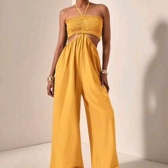 Women's Vacation Solid Color Shirred Waist Hollow Out Halter Wide Leg Jumpsuit - Picture 1 of 5